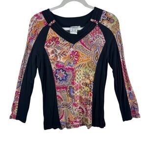 Parsley & Sage Rayon Black Colorful Print V-Neck Long Sleeve Stretchy Blouse M
